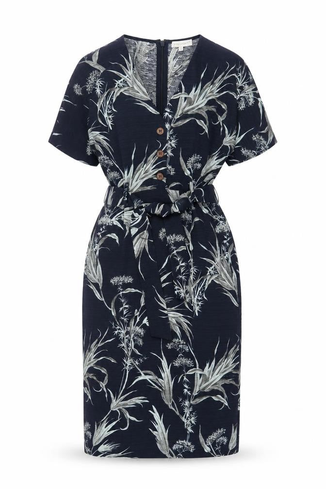 Front view of Warehouse women’s blue floral polyester sheath, size UK 8, v-neck zip - belted