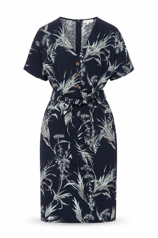 Front view of Warehouse women’s blue floral polyester sheath, size UK 8, v-neck zip - belted