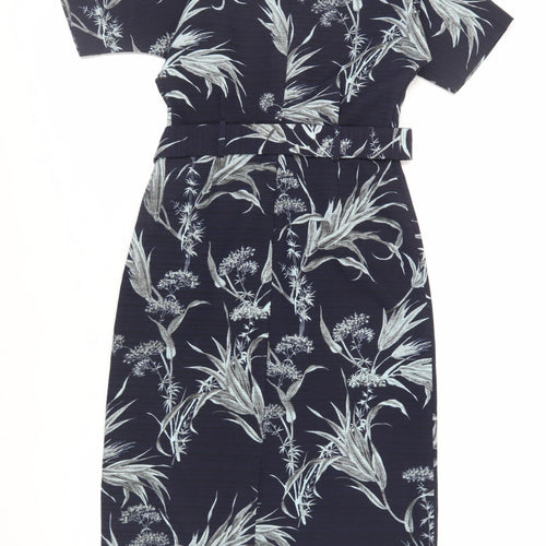 Warehouse Womens Blue Floral Polyester Sheath Size 8 V-Neck Zip - Belted