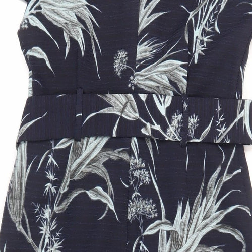 Warehouse Womens Blue Floral Polyester Sheath Size 8 V-Neck Zip - Belted