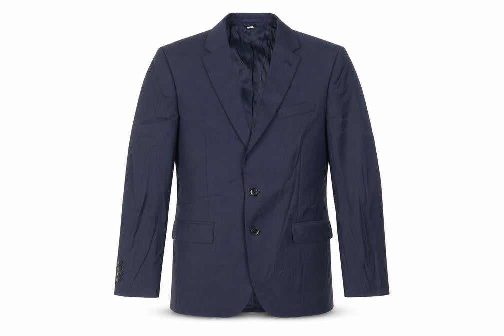 Front view of Marks & Spencer men’s blue polyester jacket suit jacket, size 42, regular