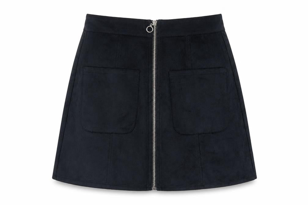 Front view of Select women’s black polyester mini skirt, size UK 6, zip - pockets