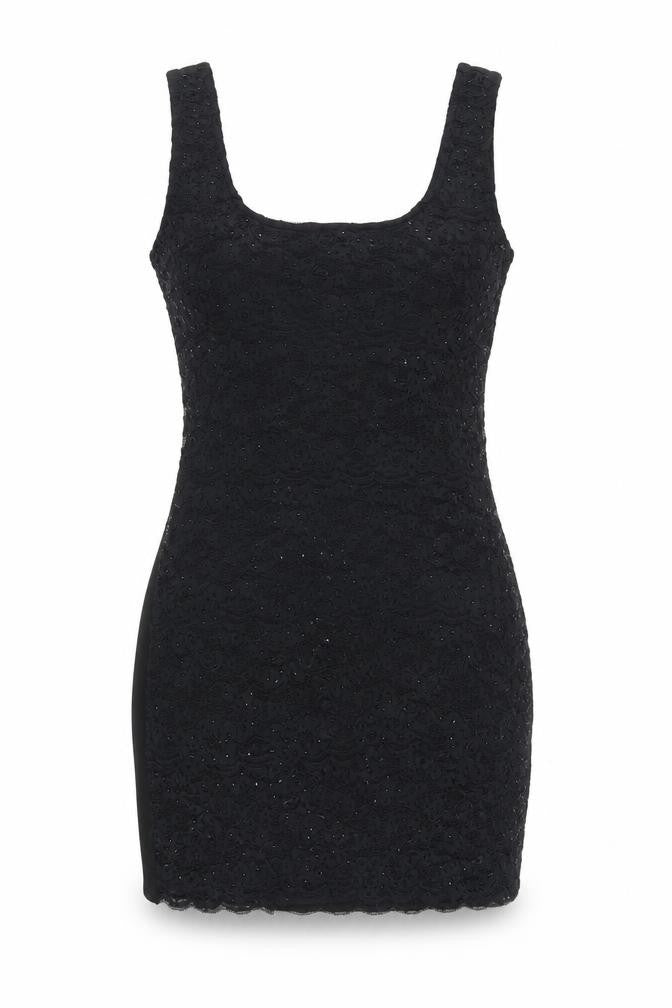 Front view of New Look women’s black viscose bodycon, size UK 12, scoop neck pullover - lace front