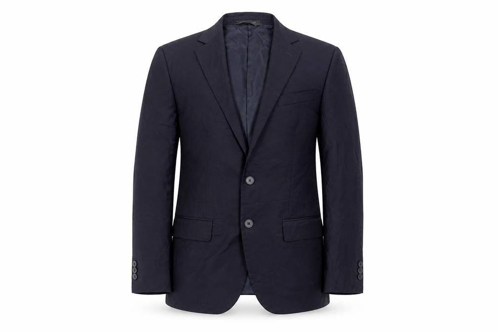 Front view of Marks & Spencer men’s blue polyester jacket suit jacket, size 38, regular