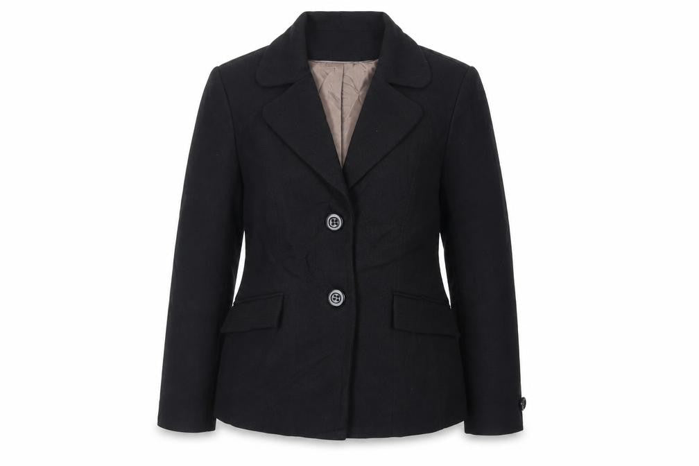 Front view of J.Taylor women’s black kimono blazer, size UK 16, button