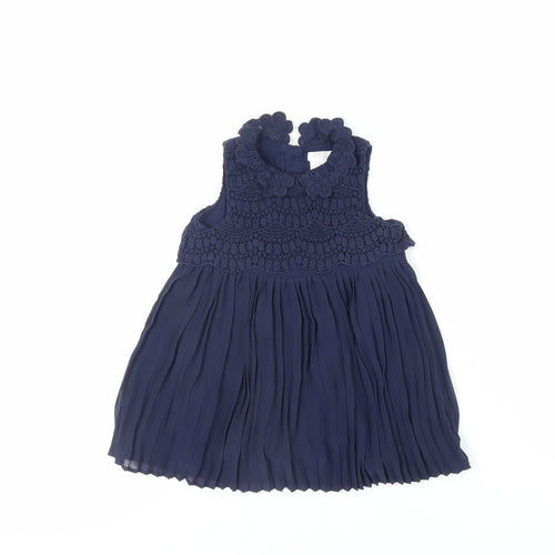 mamas & papas Girls Blue Polyester A-Line Size 6-9 Months Round Neck Button - Crochet Detail