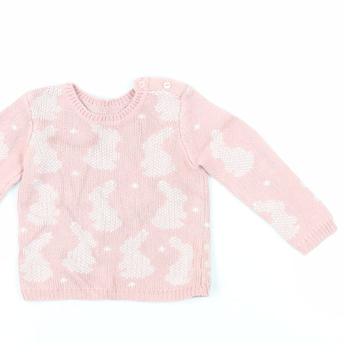 Mothercare Baby Pink Geometric Cotton Pullover Jumper Size 6-9 Months Button - Bunny Print