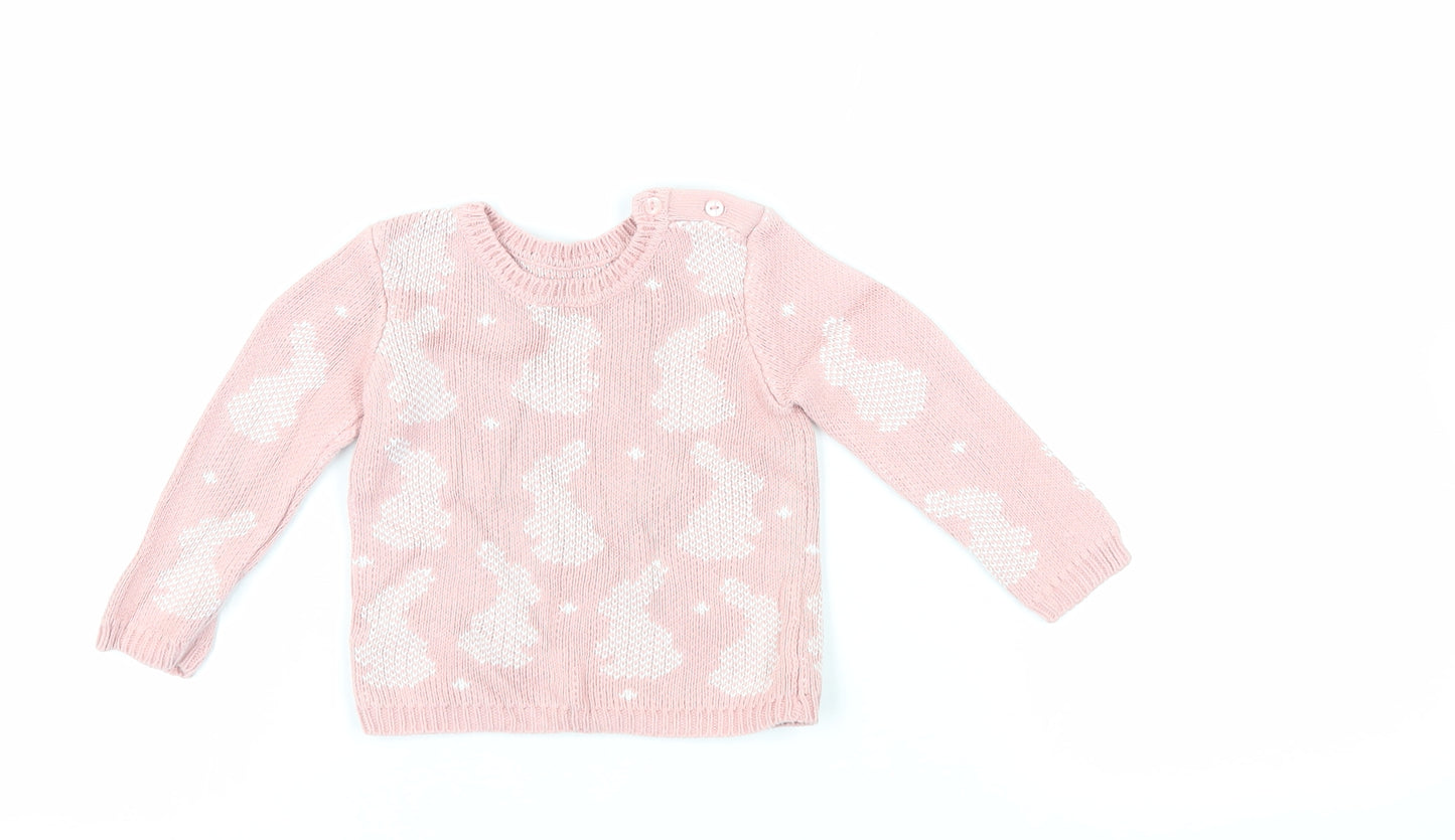Mothercare Baby Pink Geometric Cotton Pullover Jumper Size 6-9 Months Button - Bunny Print