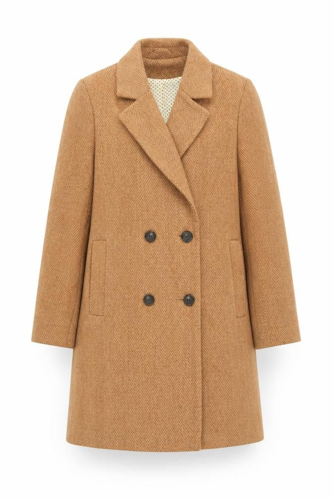 Front view of Next women’s brown herringbone overcoat coat, size UK 10, button