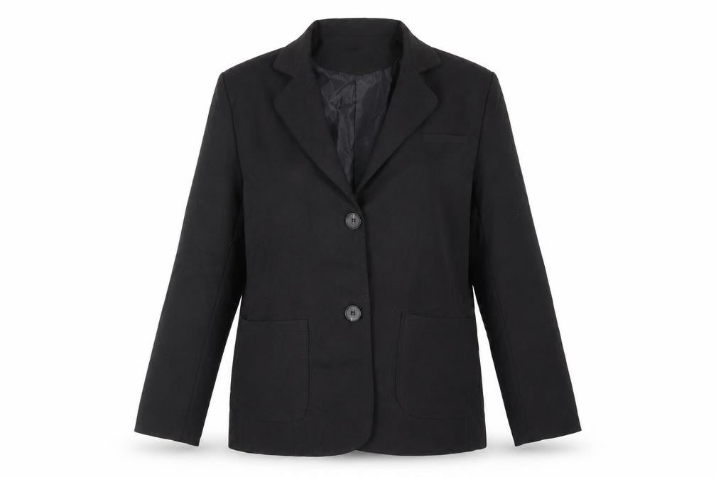 Front view of Moses Queen women’s black jacket blazer, size M, button