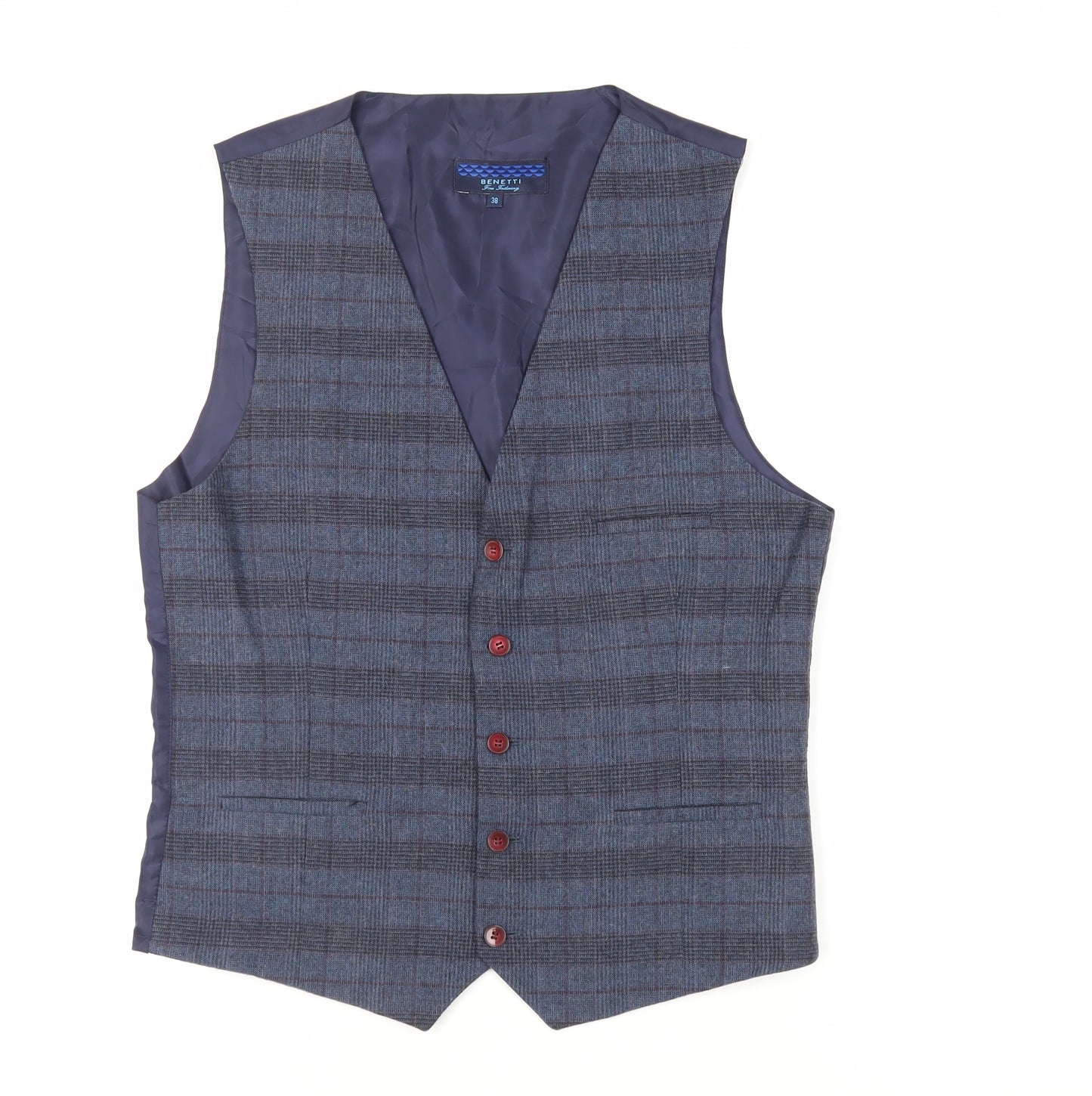 Brnetti Mens Blue Plaid Polyester Jacket Suit Waistcoat Size 38 Regular