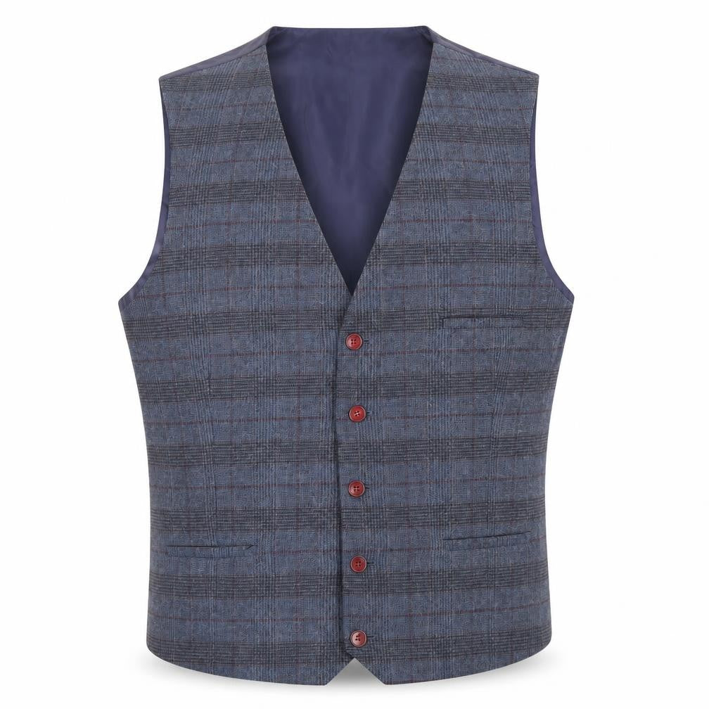 Front view of Brnetti men’s blue plaid polyester jacket suit waistcoat, size 38, regular