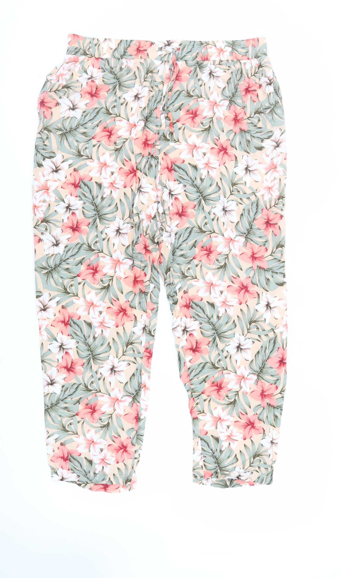 New Look Womens Beige Floral Viscose Trousers Size 16 L26 in Extra-Slim Drawstring - Elasticated Waist