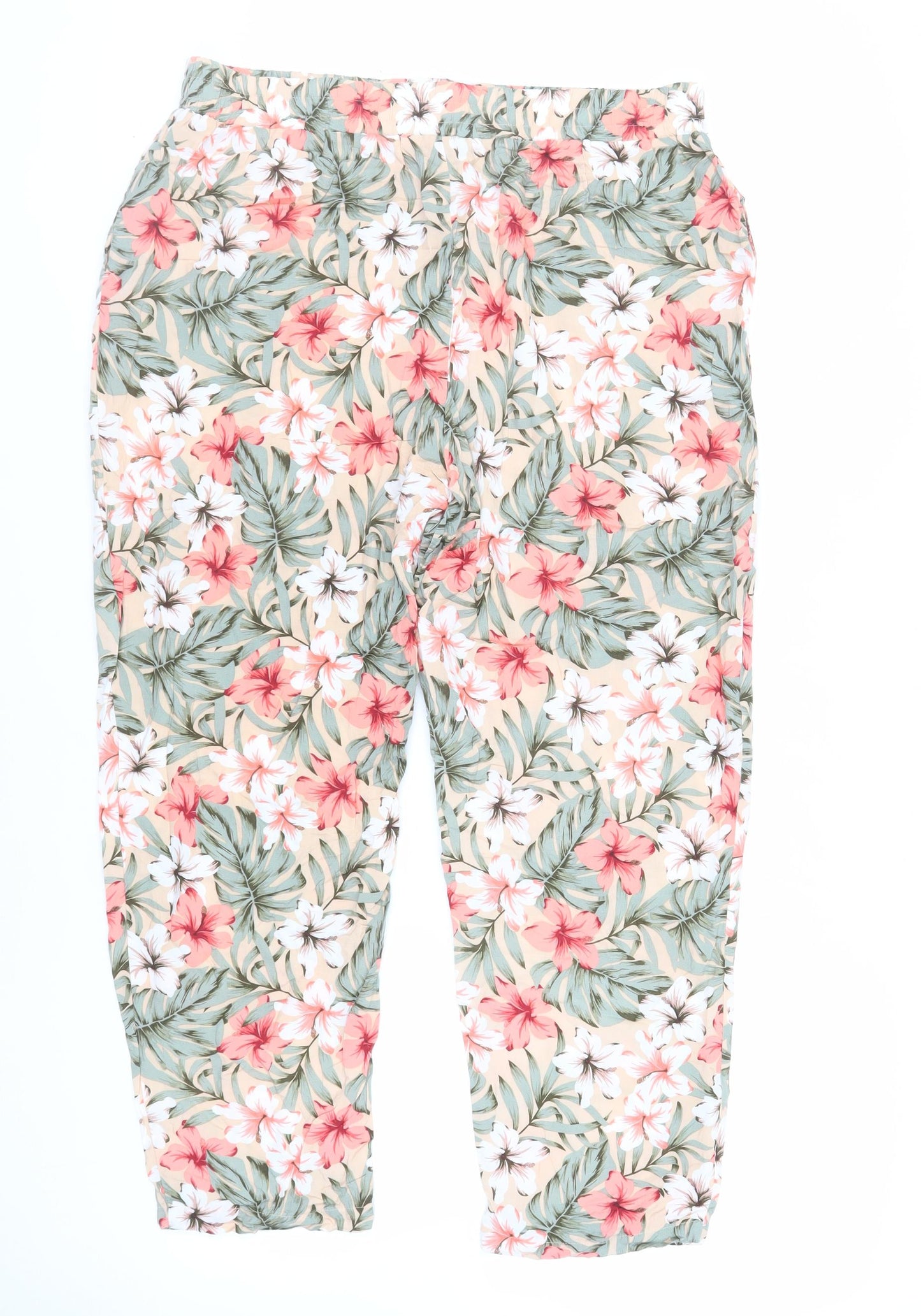 New Look Womens Beige Floral Viscose Trousers Size 16 L26 in Extra-Slim Drawstring - Elasticated Waist