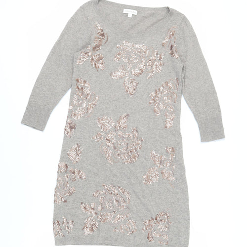 Monsoon Womens Beige Cotton Jumper Dress Size S Boat Neck - Sequins Embroidered