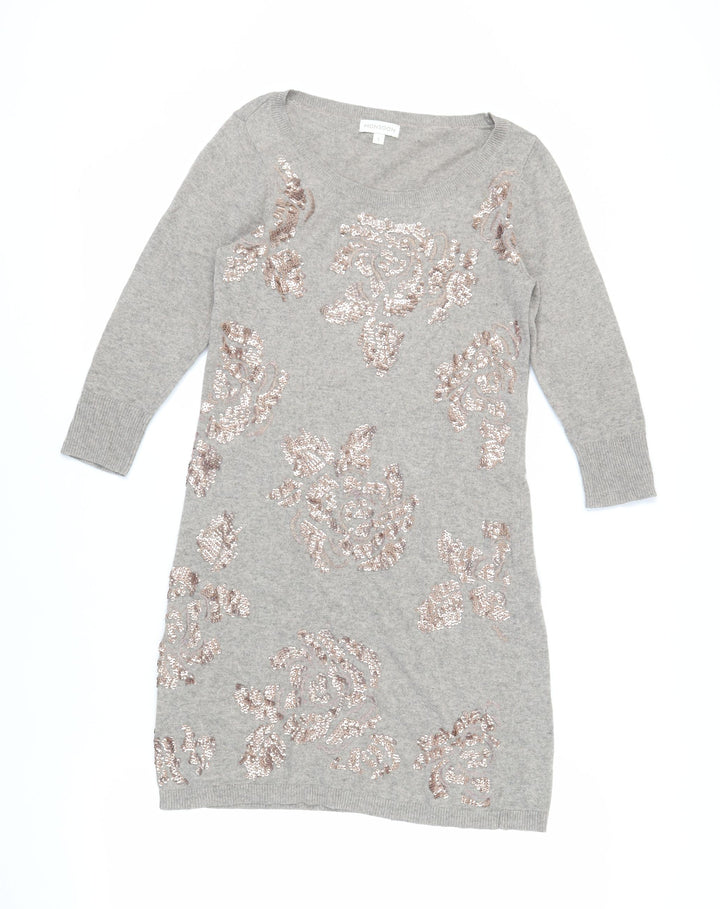 Monsoon Womens Beige Cotton Jumper Dress Size S Boat Neck - Sequins Embroidered