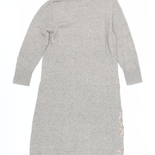 Monsoon Womens Beige Cotton Jumper Dress Size S Boat Neck - Sequins Embroidered