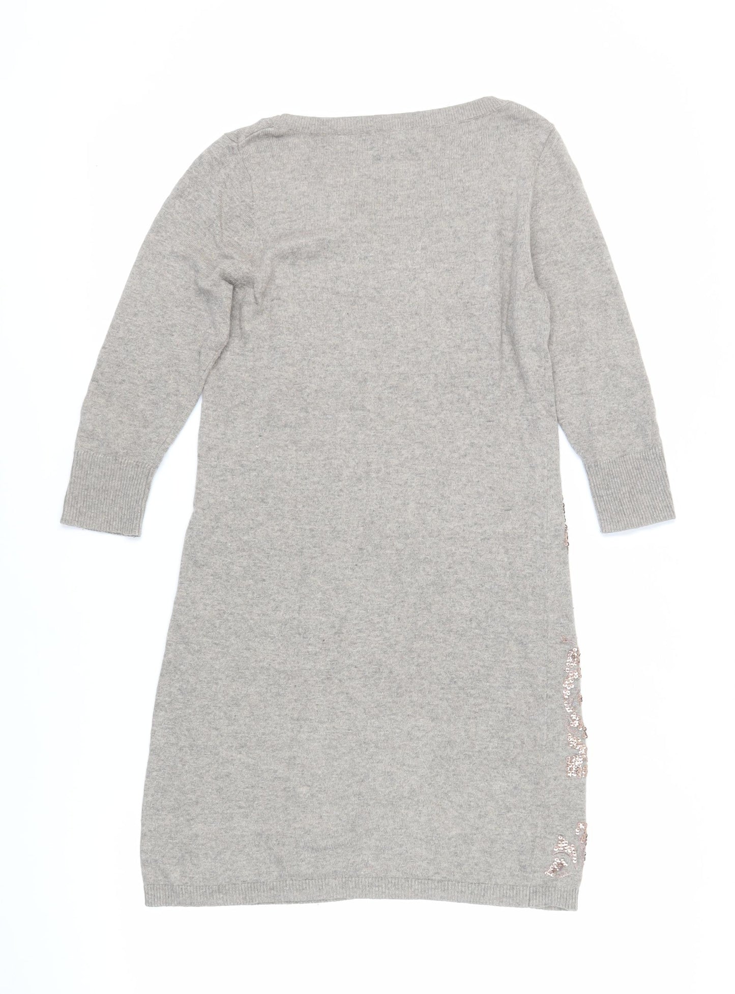Monsoon Womens Beige Cotton Jumper Dress Size S Boat Neck - Sequins Embroidered