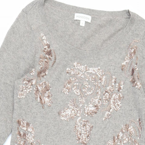 Monsoon Womens Beige Cotton Jumper Dress Size S Boat Neck - Sequins Embroidered