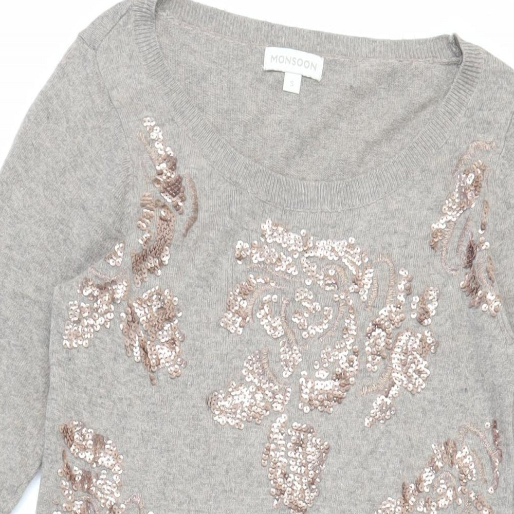Monsoon Womens Beige Cotton Jumper Dress Size S Boat Neck - Sequins Embroidered