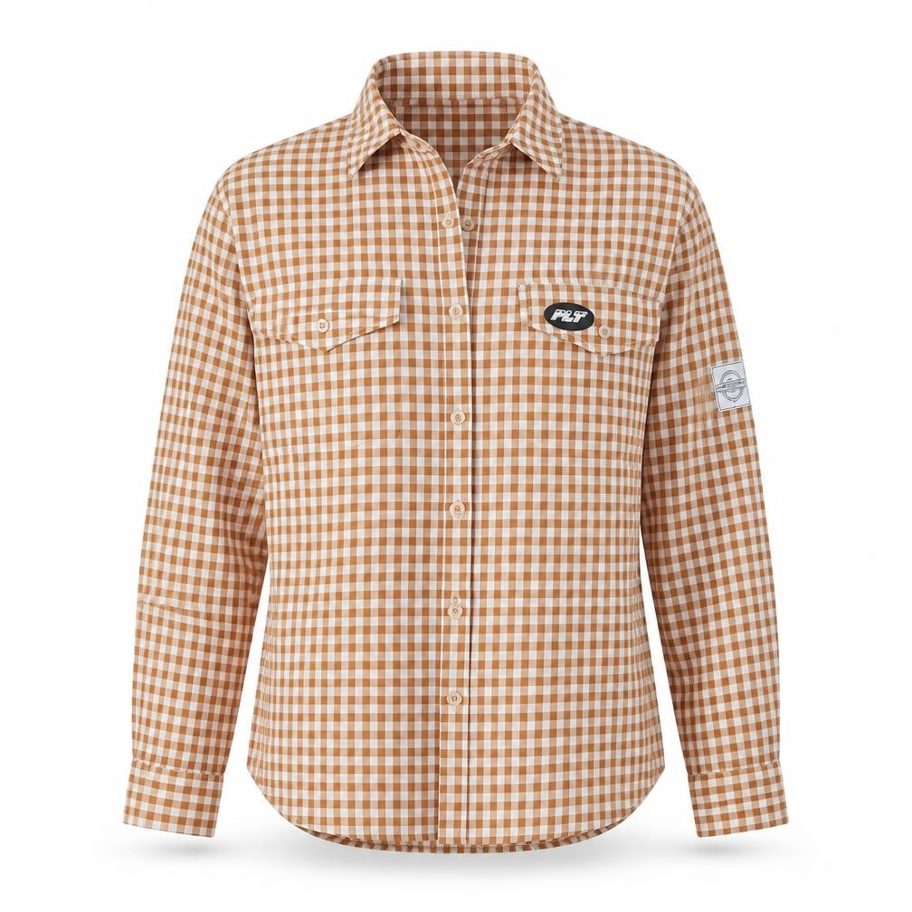 Front view of PRETTYLITTLETHING women’s multicoloured check polyester basic button-up, size UK 10, collared