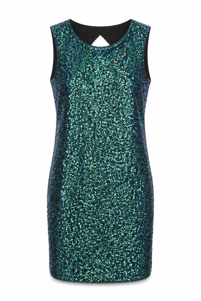 Front view of H&M women’s multicoloured houndstooth polyester shift, size UK 10, round neck - sequined with open back detail