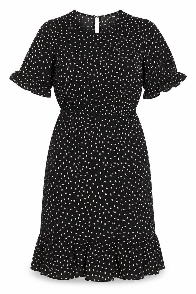 Front view of New Look women’s multicoloured polka dot polyester fit & flare, size UK 6, round neck