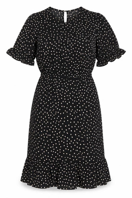 Front view of New Look women’s multicoloured polka dot polyester fit & flare, size UK 6, round neck