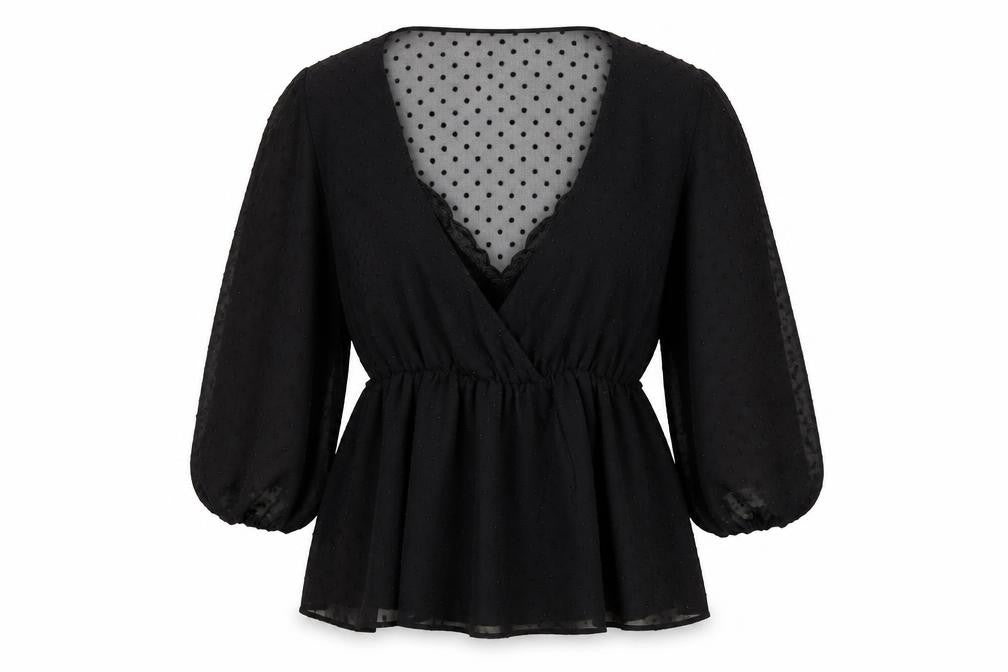 Front view of Zara women’s black viscose tunic blouse, size M, v-neck
