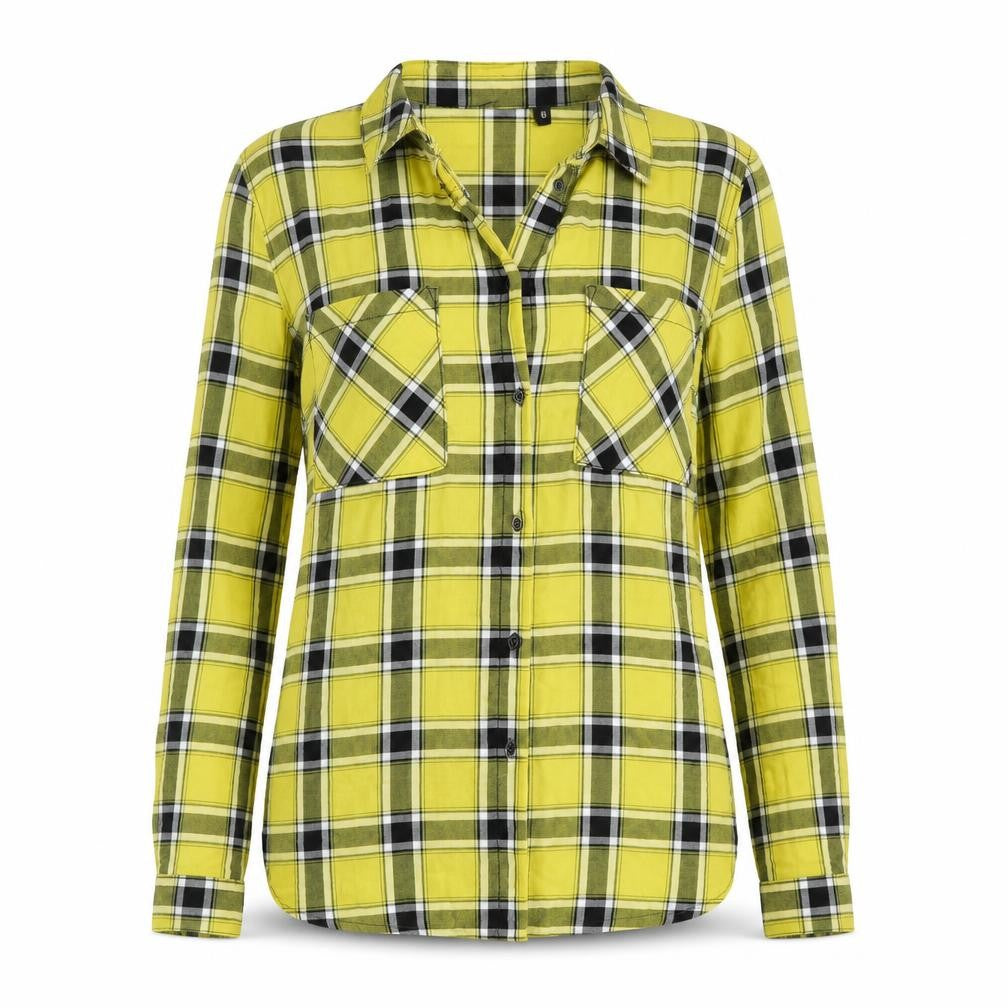 Front view of H&M women’s multicoloured check 100% cotton basic blouse, size UK 8, collared