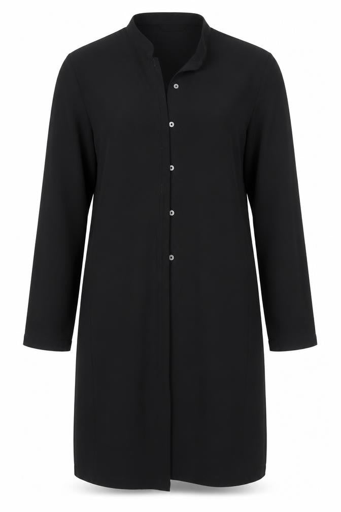 Front view of Marks & Spencer women’s black polyester basic button-up, size UK 14, round neck