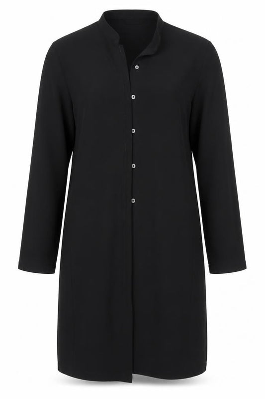 Front view of Marks & Spencer women’s black polyester basic button-up, size UK 14, round neck