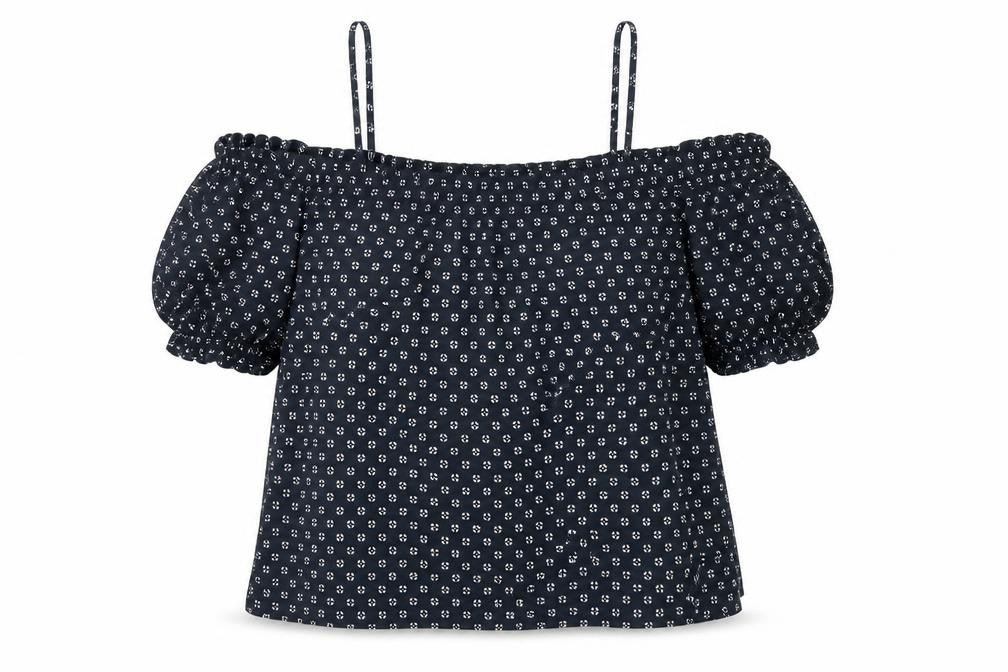 Front view of H&M women’s multicoloured geometric 100% cotton basic blouse, size S, square neck