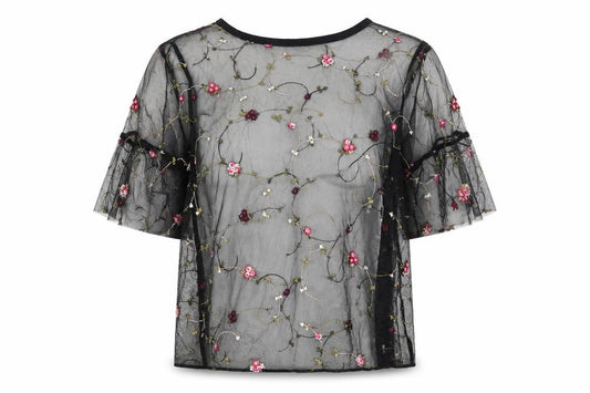 Front view of Chic Coral women’s multicoloured floral polyester tunic blouse, size UK 10, round neck - embroidered flowers