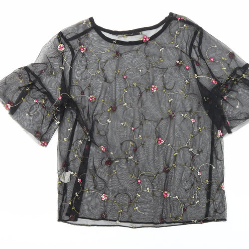 Chic Coral Womens Multicoloured Floral Polyester Tunic Blouse Size 10 Round Neck - Embroidered Flowers