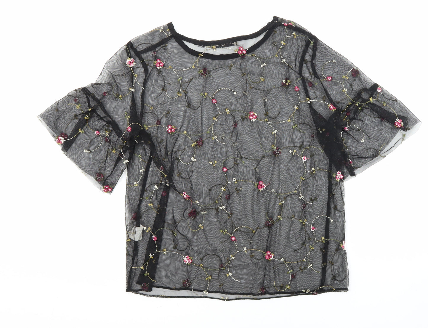 Chic Coral Womens Multicoloured Floral Polyester Tunic Blouse Size 10 Round Neck - Embroidered Flowers