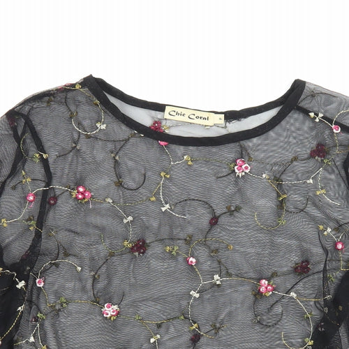 Chic Coral Womens Multicoloured Floral Polyester Tunic Blouse Size 10 Round Neck - Embroidered Flowers