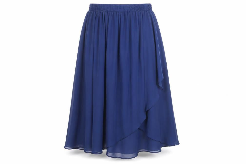 Front view of River Island women’s blue polyester a-line skirt, size UK 8