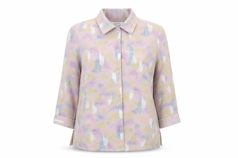 Front view of Moka Giene women’s multicoloured geometric polyester blend basic blouse, size M, collared