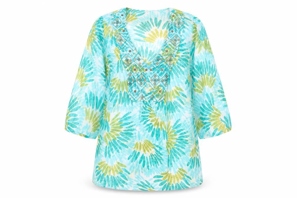 Front view of Monsoon women’s multicoloured geometric silk tunic blouse, size UK 10, v-neck