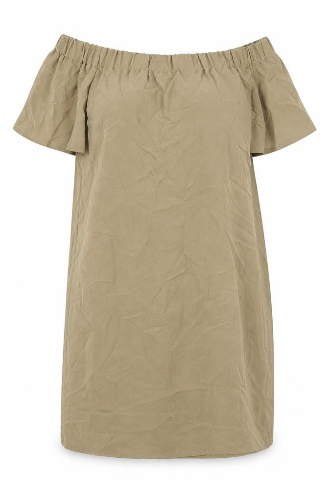 Front view of H&M women’s green modal tunic blouse, size UK 12, off the shoulder