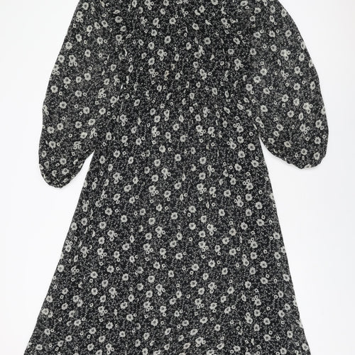 Mango Womens Black Floral Polyester A-Line Size S Round Neck Button