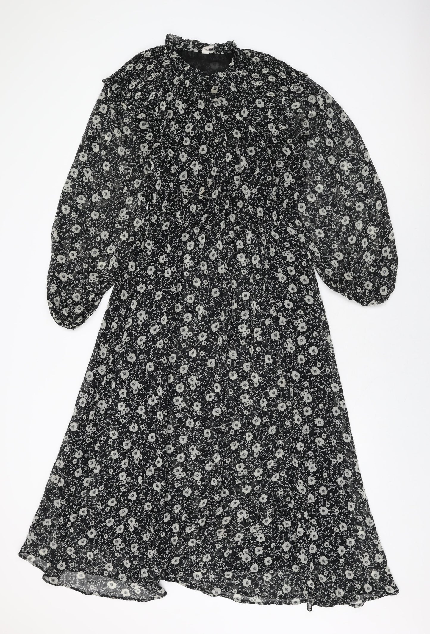 Mango Womens Black Floral Polyester A-Line Size S Round Neck Button