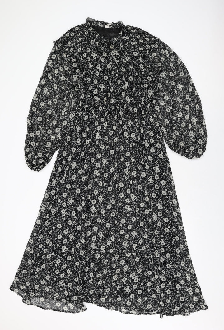 Mango Womens Black Floral Polyester A-Line Size S Round Neck Button