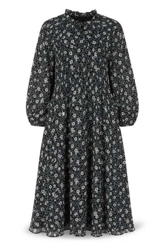 Front view of Mango women’s black floral polyester a-line, size S, round neck button