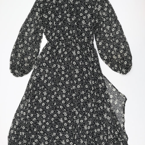 Mango Womens Black Floral Polyester A-Line Size S Round Neck Button
