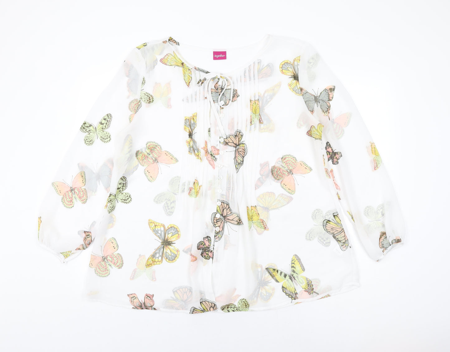 Together Womens White Geometric Polyester Basic Button-Up Size 18 Round Neck - Butterfly Print