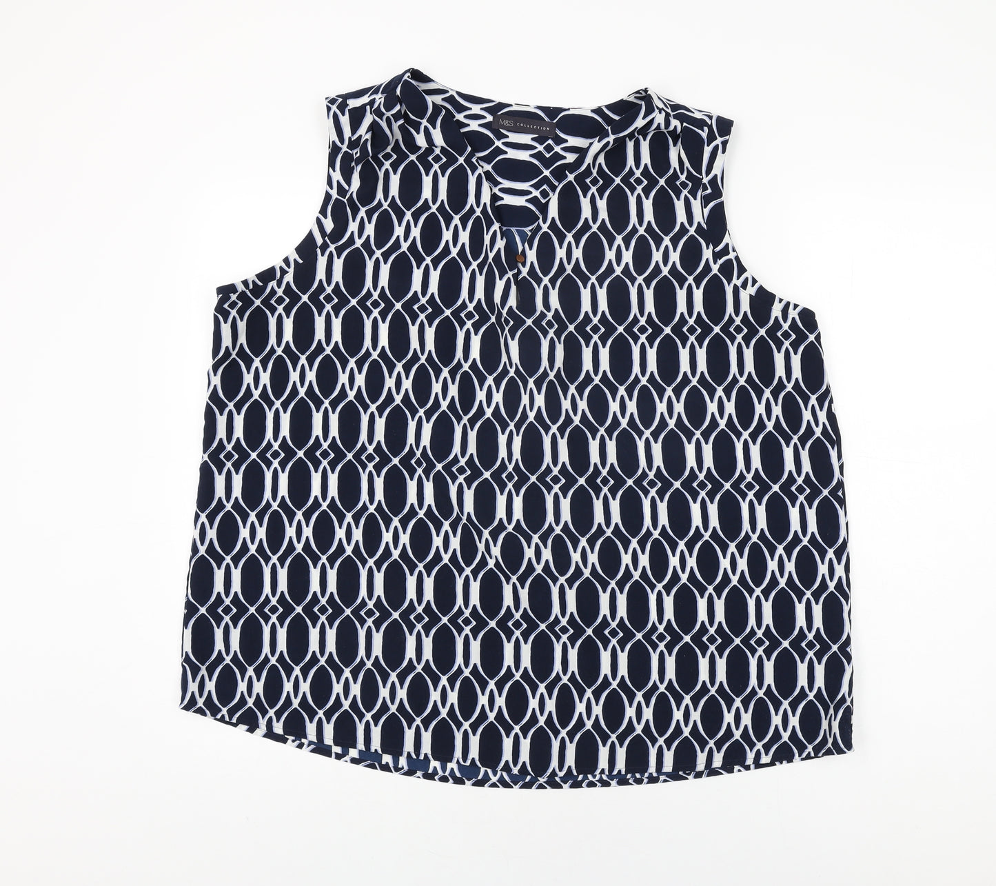 Marks and Spencer Womens Blue Geometric Polyester Basic T-Shirt Size 20 V-Neck