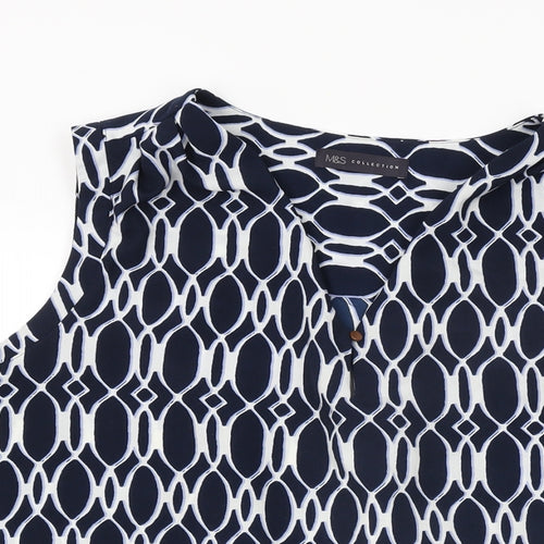 Marks and Spencer Womens Blue Geometric Polyester Basic T-Shirt Size 20 V-Neck