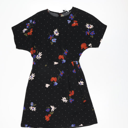 Warehouse Womens Black Floral Polyester Mini Size 6 Round Neck Zip